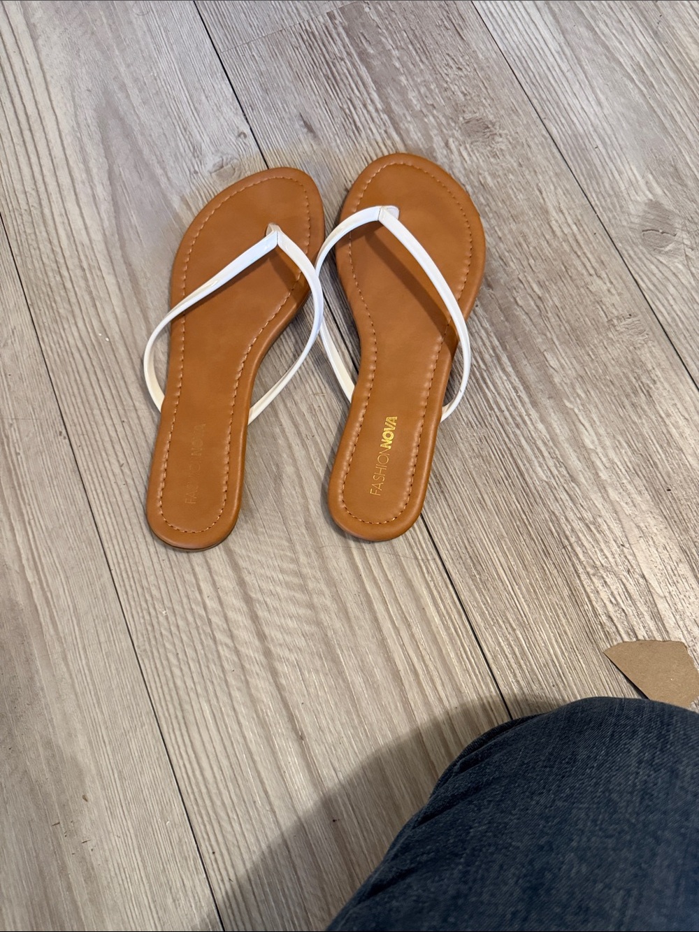 Fashion Nova White Strappy Sandal Flip Flops with Tan Footbed